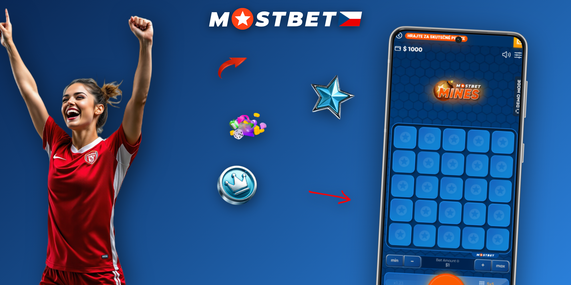 Ukázka rozhraní hry Mostbet Mines s mřížkou 5x5 a aktivním násobičem