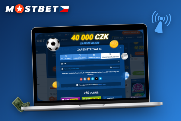 Mostbet registrace přes e-mail s formulářem na obrazovce notebooku